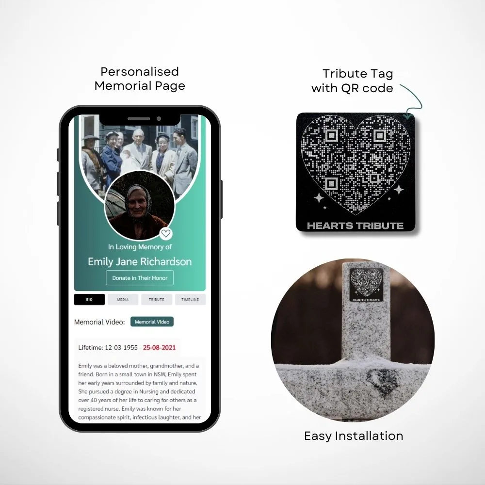Information about heart tribute, personalised memorial page, tribute tag with qr code, easy installation
