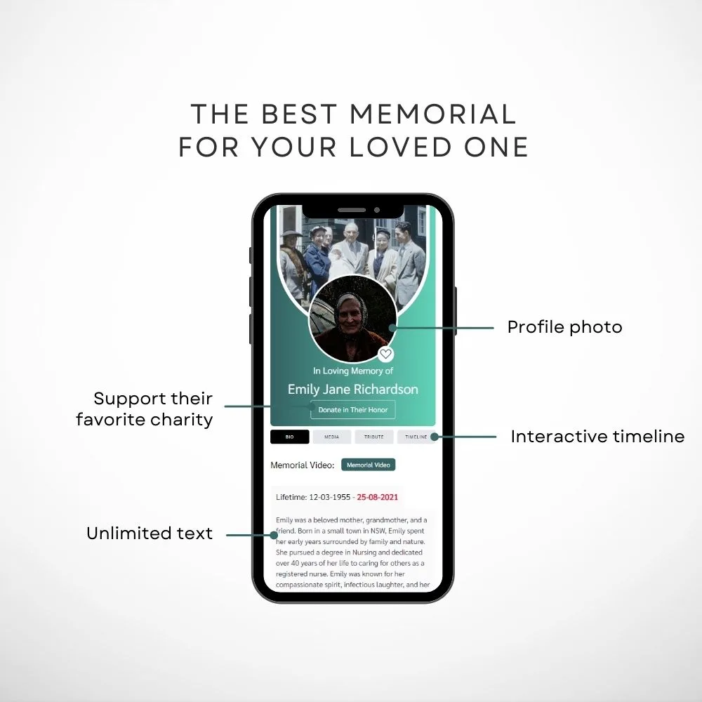 Mobile tribute page for loved one showing profile photo, interactive timeline, unlimited text for memories, and charity support – best online tribute and digital memorial solution.