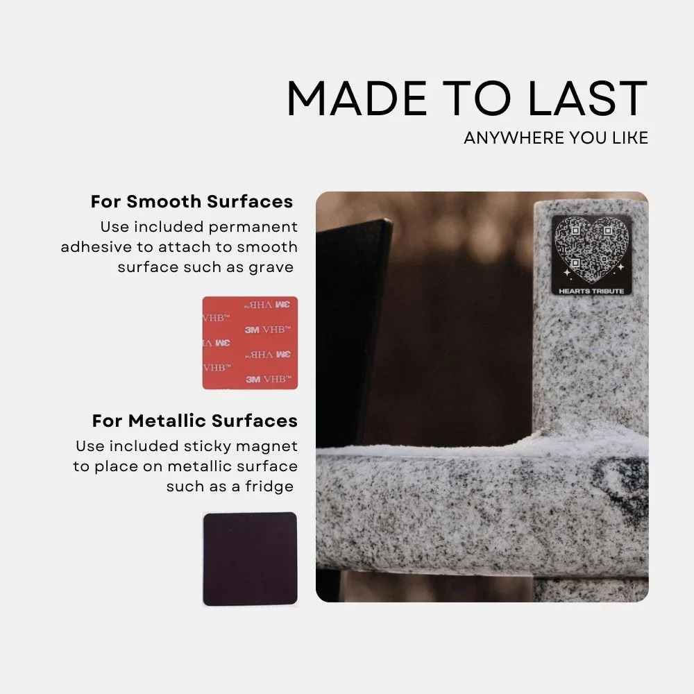Durable memorial plaque with adhesive for smooth surfaces and magnet for metal surfaces like fridges